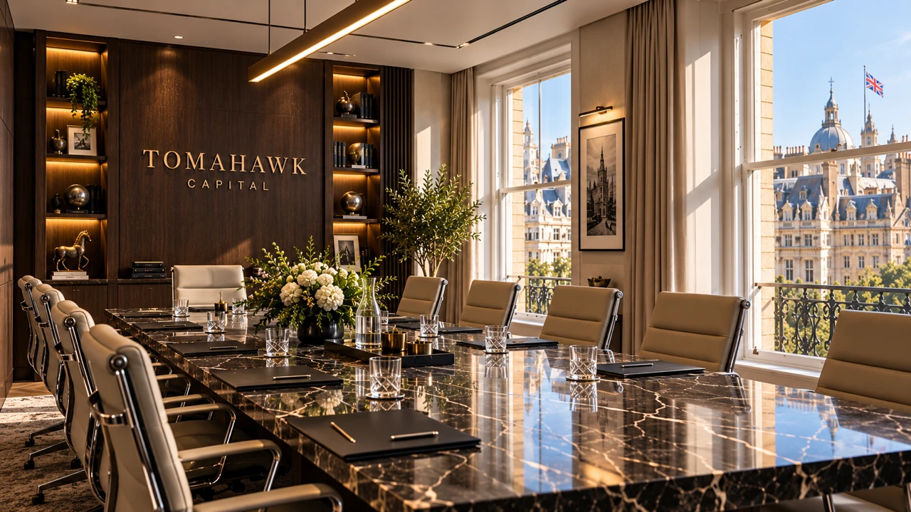 The Tomahawk boardroom, marble table set for a meeting