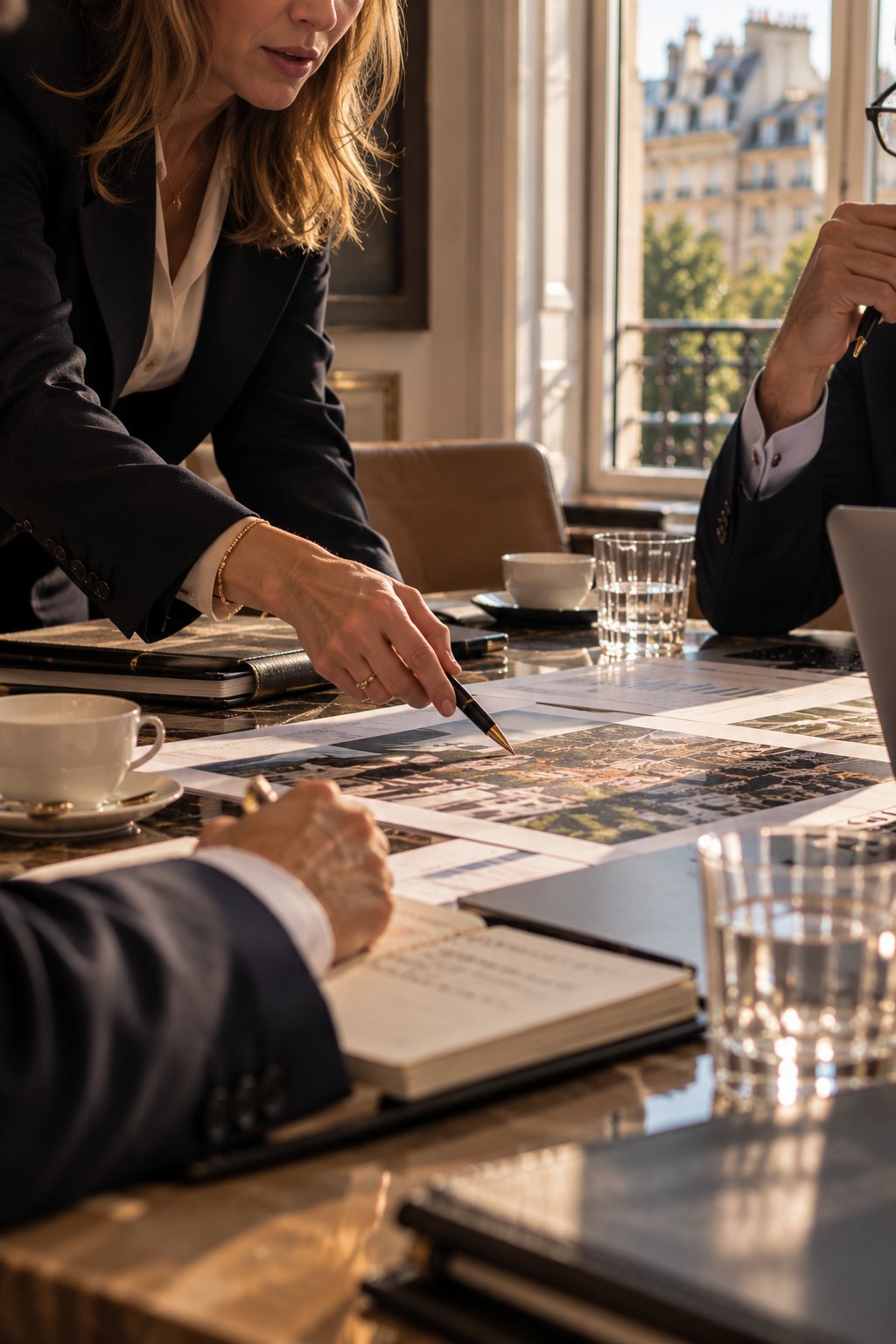 Partners reviewing site plans together at the boardroom table
