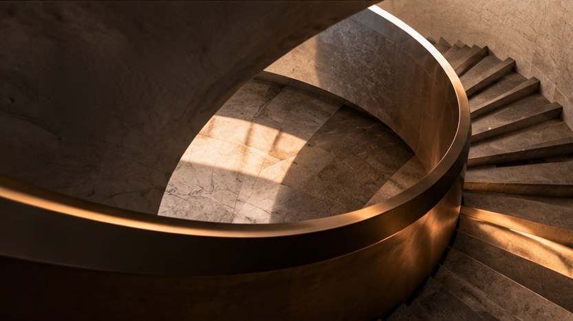 A sweeping marble and bronze staircase