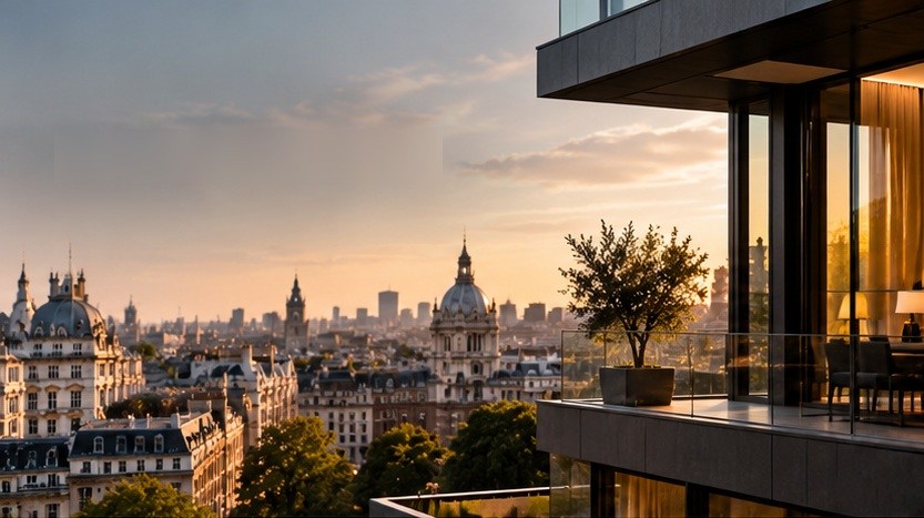 A terrace overlooking the city skyline at dusk