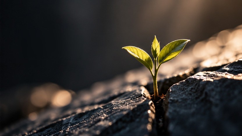 A seedling taking root in dark rock